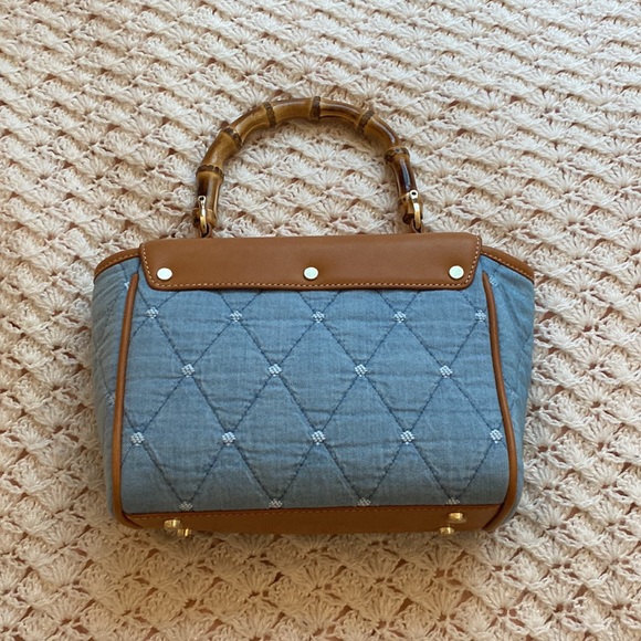 J.McLaughlin blue and tan handbag with bamboo handle and striped interior - Picture 2 of 7